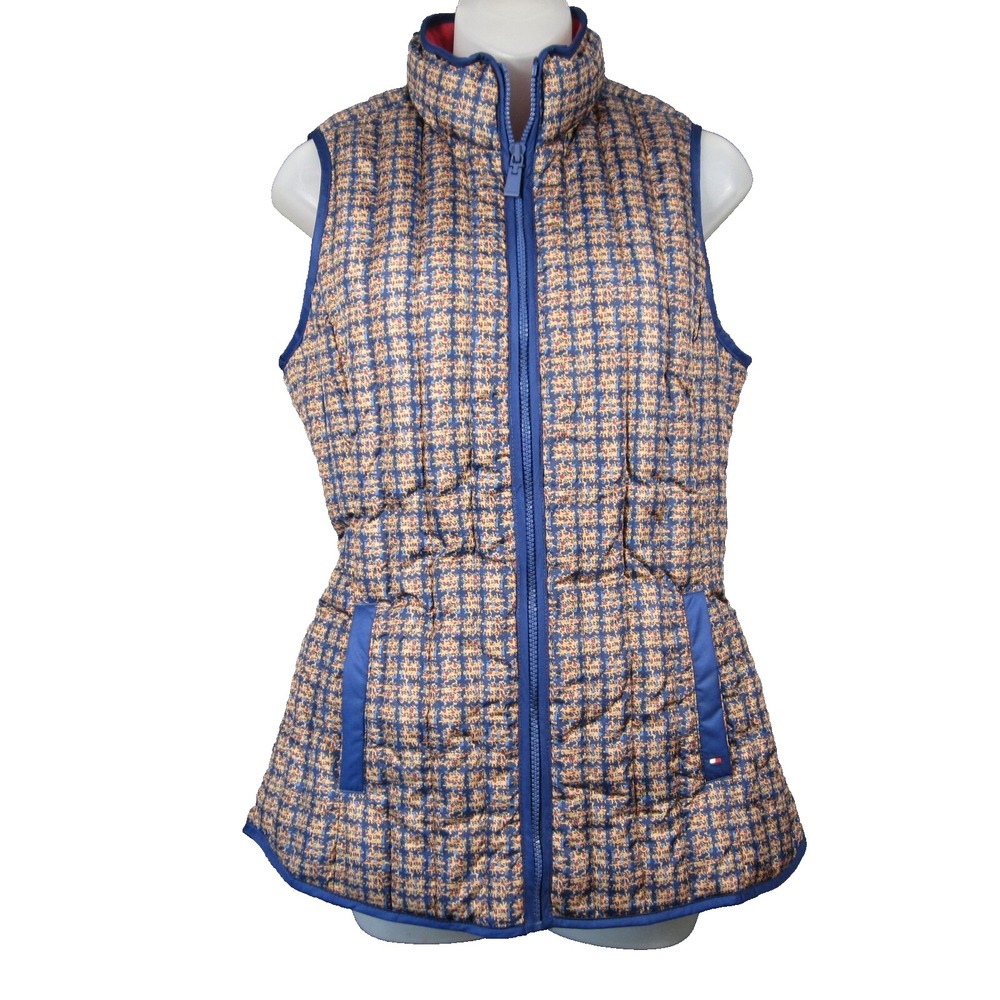 Tommy Hilfiger Puffer Vest Womens S Navy Tan Plaid Down Filled Preppy Ski Snow